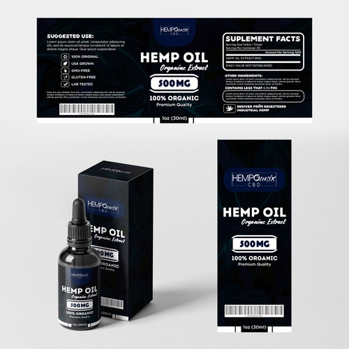 Hemp oil packaging with the title 'Premium CBD Hemp Oil Packaging & Label Design for HempOanix'