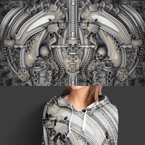 Dark artwork with the title 'H.R. Giger's Nightmare: Clothing Print'