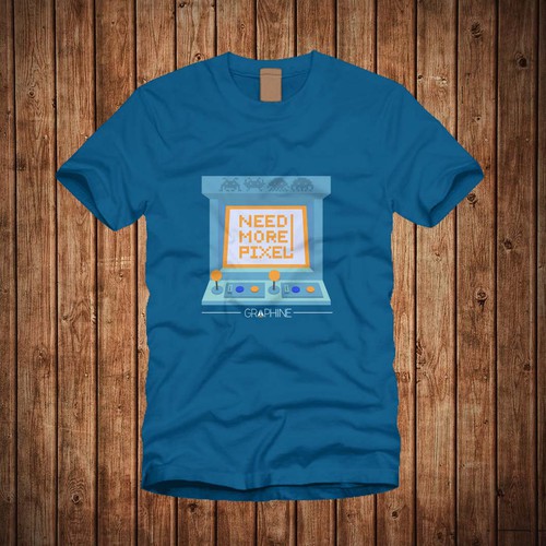Blue t-shirt with the title 'NEED MORE Pixel Design tees'