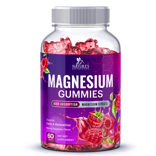 Vitamin label with the title 'Tasty Magnesium Gummies Design'