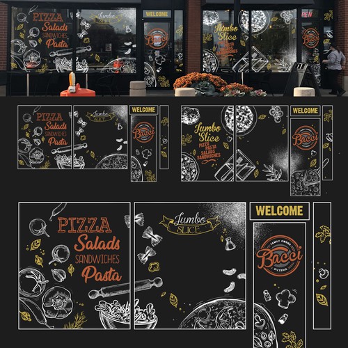 Window design with the title 'Bacci Pizzeria Window Design '