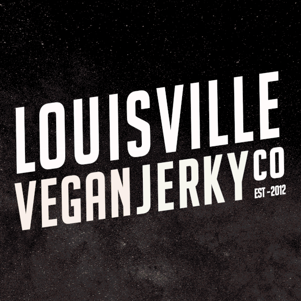 Hipster packaging with the title 'Louisville Vegan Jerky Co packaging refresh'