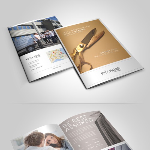 Whitespace design with the title 'Fix & Wear - Create attention capturing booklet for our tailoring stores'