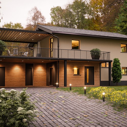 Architecture design with the title 'Chalet type house design - 3d Architectural Visualization'