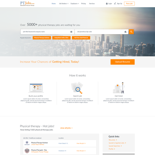 Orange website with the title 'Website designs for PTJobs.com'