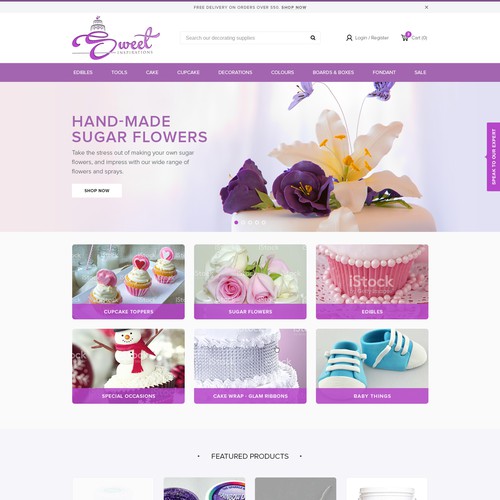 Purple website with the title 'Create a new and refresh Sweet Inspirations web design'