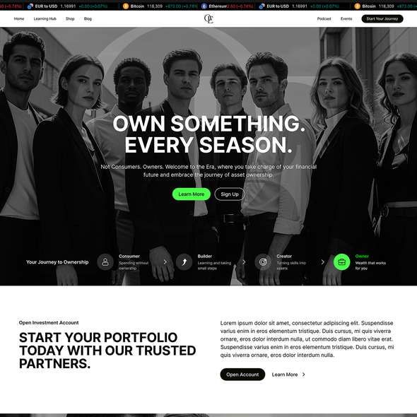 Black and white website with the title 'Owner Era – Bold Cultural Wealth Platform'
