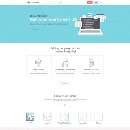 Education website with the title '/redesign-laracasts-become-go-person-future-work'