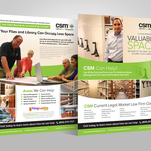 Handout design with the title 'Attention-Getting Flyer to help CSM Sell More Projects to Law Firms!'