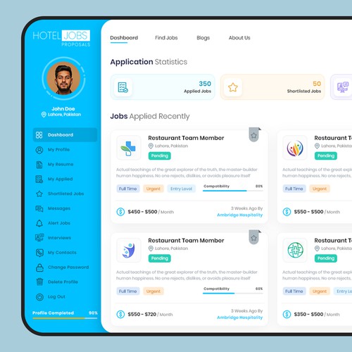 Admin design with the title 'Hotel Jobs Web Portal'