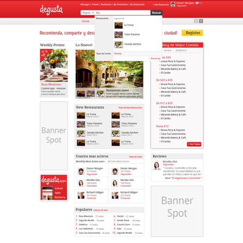Red website with the title 'Restaurant Guide web Redesign'