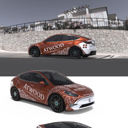 Tesla design with the title 'Car wrap - Atwood real estate'
