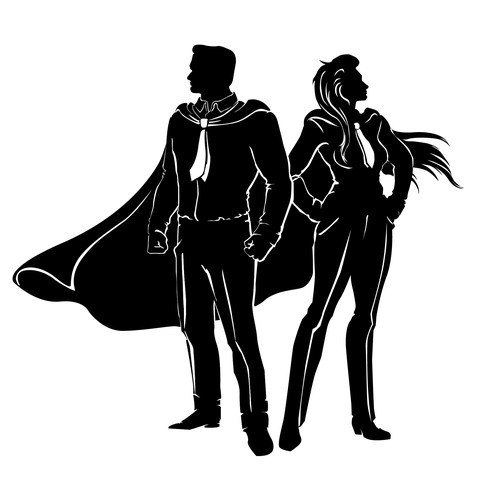 Superhero artwork with the title 'Silhouettes of business man and woman as super heroes '