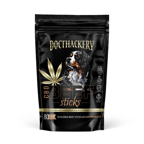Dog food packaging with the title 'CBD Beef Stick-Dog Food packaging design'