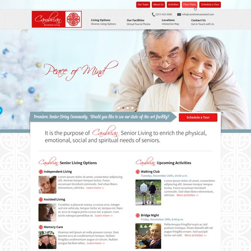 Red website with the title 'Landing Page for Cambrian, Assisted Senior Living'