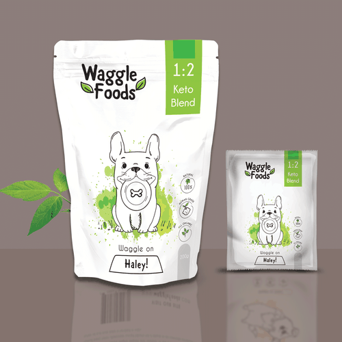 Pet food packaging with the title 'Waggle Foods Pouch Packaging 2'