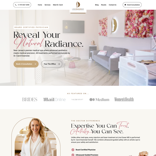 Spa website with the title 'Aesthetic Design for Line Eraser MD'