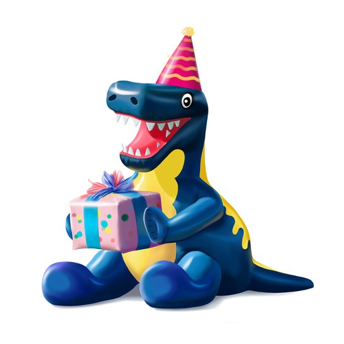 Dinosaur artwork with the title 'Inflatable animal character for birthday party.'