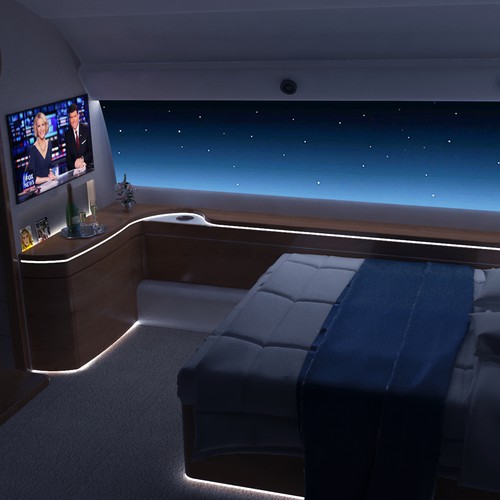 Cinema 4D design with the title 'Bedroom design for private airplane'
