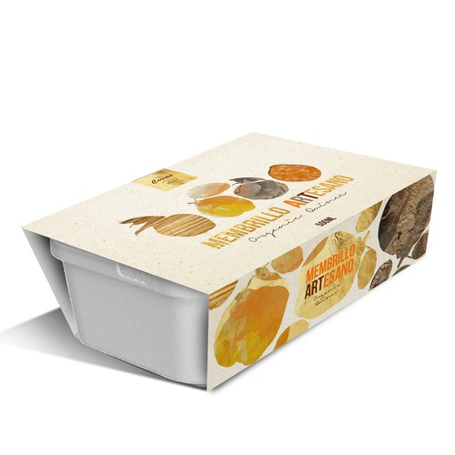 Organic food label with the title 'Membrillo Artesano, Organic Quince packaging design'