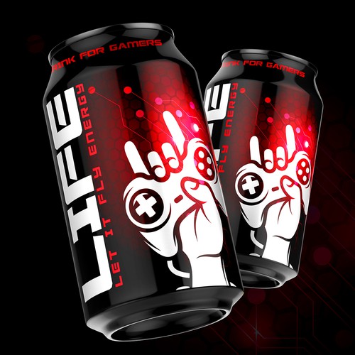 Energy drink packaging with the title 'Can Energy Drink for gamers L.I.F.E.'