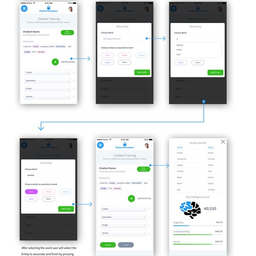 Mobile website with the title 'Mobile flow and design for chatbot training web app'