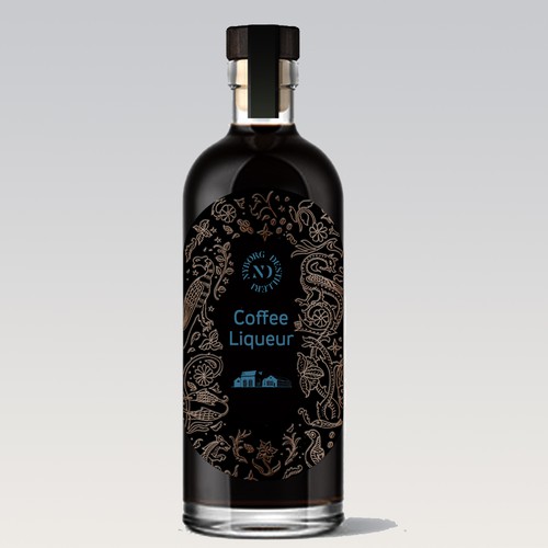Liquor packaging with the title 'Design and illustration for an Organic Coffee Liqueur bottle – for a top tier craft distillery'