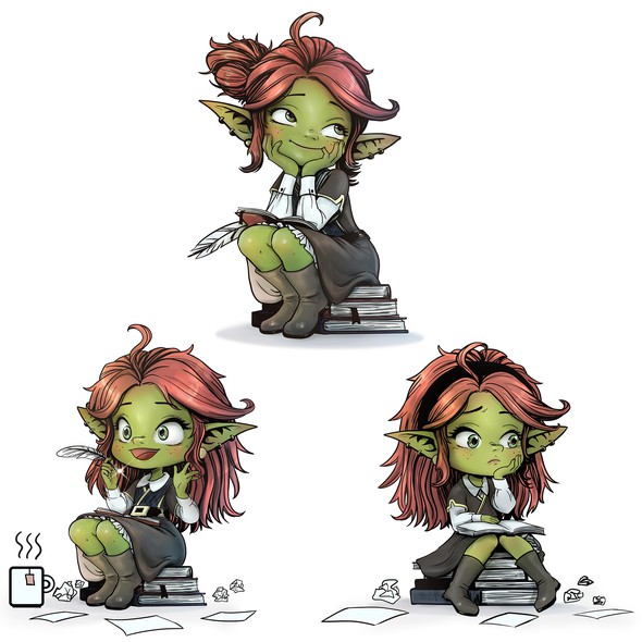 Chibi design with the title 'Cute Writing Goblin illustrations for nerdy fantasy lovers'
