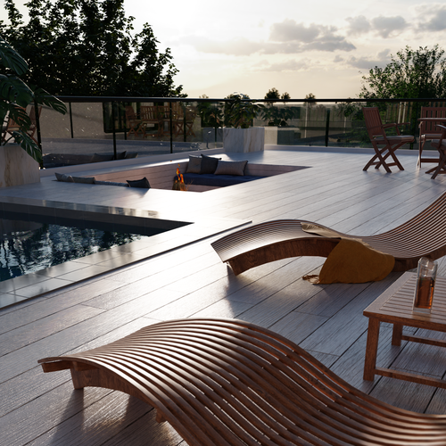 Pool design with the title '3D render of a balcony pool deck'