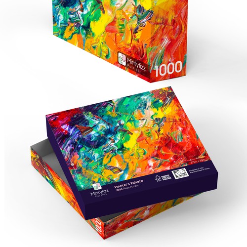 Painted packaging with the title 'box packaging for a puzzle company'