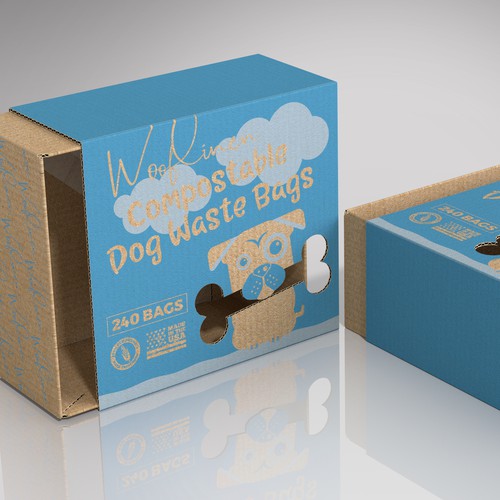 Cardboard packaging with the title 'One color print for a sustainable dog waste bags box'