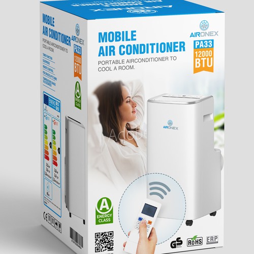 Retail box packaging with the title 'portable air conditioner Packaging'