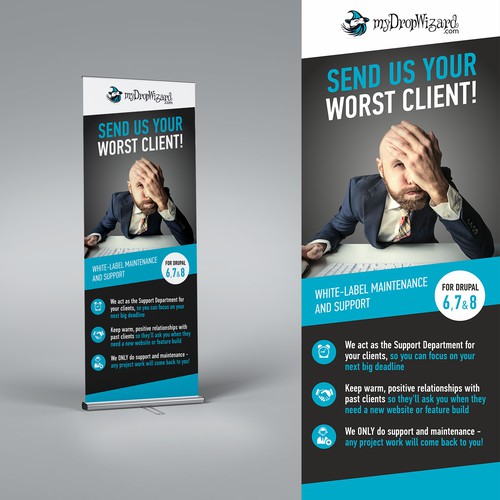 Conference design with the title 'VERTICAL BANNER for the myDropWizard booth at a conference'