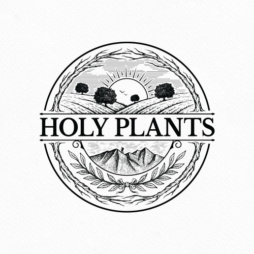 Tree and mountain logo with the title 'Holy Plants'