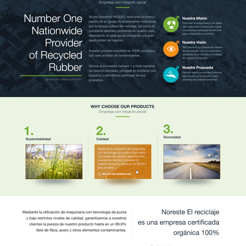 Infographic website with the title 'Homepage concept for a sustainability company recycling tires'