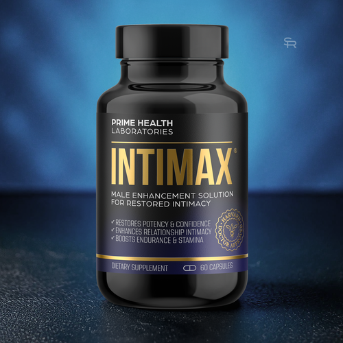 Branding label with the title 'Intimax – Premium Male Enhancement Supplement Packaging'