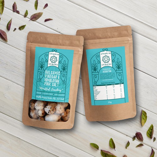Eye-catching label with the title 'Chakra Snacks Label Design'