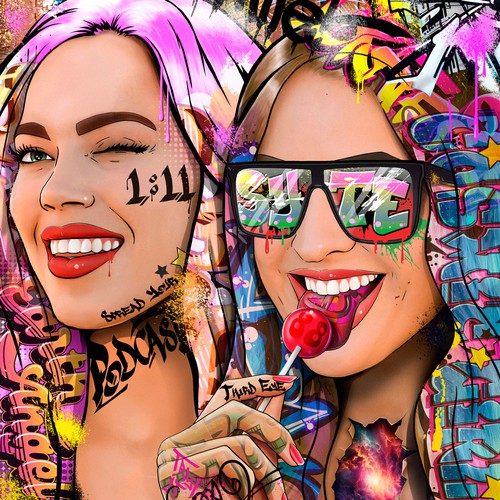 Model design with the title 'Portrait of Two Girls in Pop Art Graffiti Style'