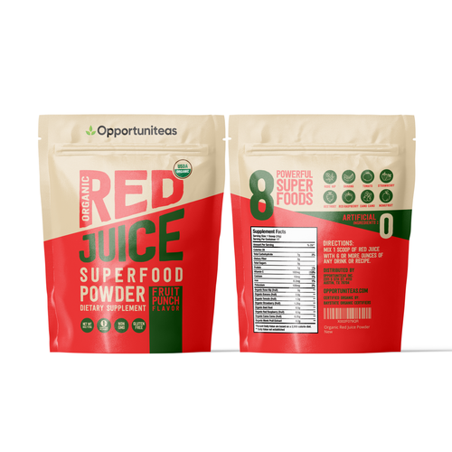 Beverage packaging with the title 'Red Juice Supplement Pouch'