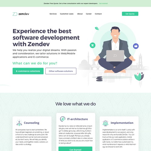Illustration website with the title 'ZenDev - Design the "Zen" software development firm.'
