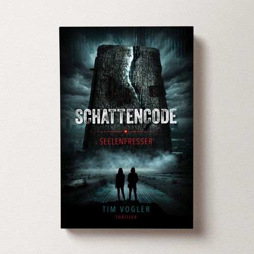 Futuristic book cover with the title 'Schattencode – Dystopian Thriller Book Cover'