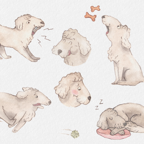 Watercolor artwork with the title 'Dog Character design'