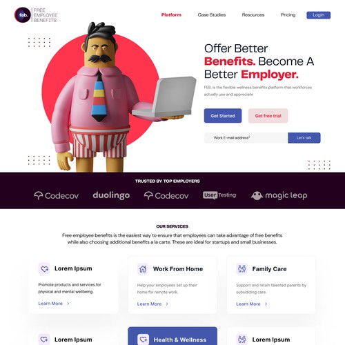 Service website with the title 'Website Homepage for Free Employee Benefits'
