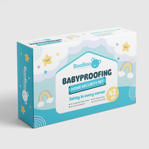 Cute packaging with the title 'Fun, friendly and safe packaging for a great baby-proof kit.'