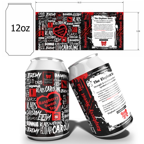Tea label with the title 'Raspberry Tea – "The Vampire Diaries" Inspired Can Design'