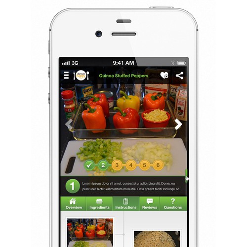 Recipe design with the title 'DinnerHappy.com Mobile App'