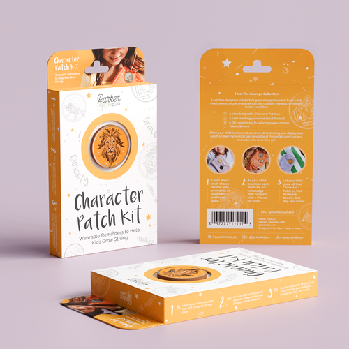 Design with the title 'Playful Product Packaging for Children's Character Development Kit'