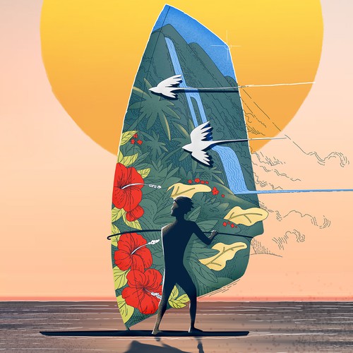 Clothing illustration with the title 'Hawaiian Windsurf illustration'