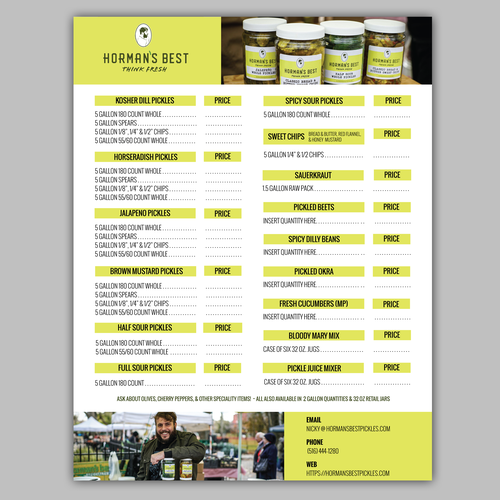Pricing design with the title 'Sales Sheet for Horman's Best Pickle Company'
