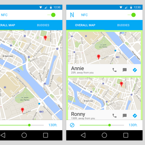 Android design with the title 'find a friend nfc connect'